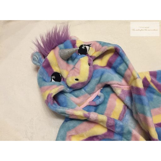V by Very 3-4 év 98-104 cm színes csíkos, kapucnin unikornis mintás nagyon puha plüss lány fürdőköntös - újszerű,