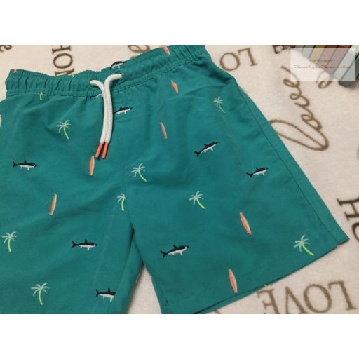 M§S 6-7 év 122 cm zöld, cápa-surf deszka-pálmafa mintás fiú fürdőnadrág - újszerű, hibátlan