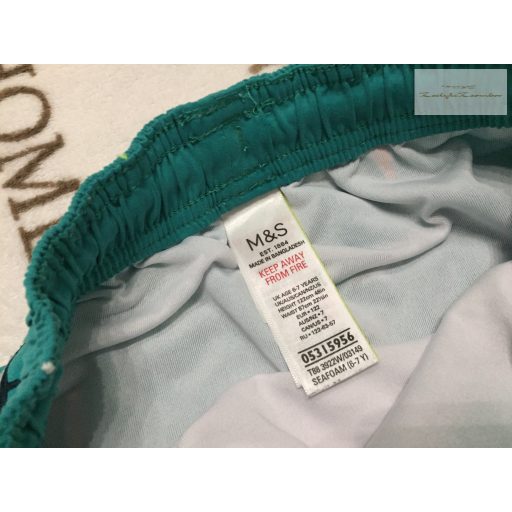M§S 6-7 év 122 cm zöld, cápa-surf deszka-pálmafa mintás fiú fürdőnadrág - újszerű, hibátlan