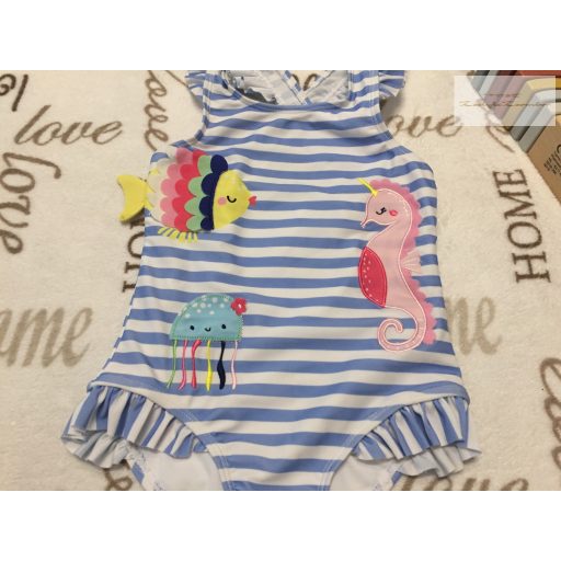 Mothercare 3-4 év 104 cm kék csíkos-fodros, csikóhal-medúza mintás  lány fürdőruha -újszerű,hibátlan