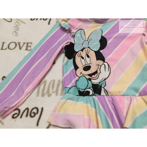 Disney Mickey 3-4 év 98-104 cm színes csíkos, fodros, Minnie  mintás lány UV ruha/ úszódressz - újszerű,hibátlan
