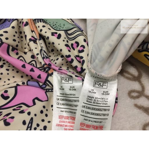 F§F 18 - 24 hó 92 cm színes dinó mintás lány UV ruha/ úszódressz napkalappal-újszerű,hibátlan