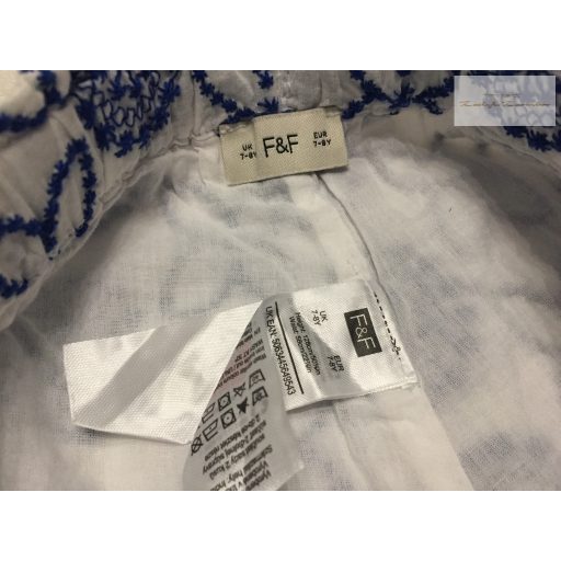 F§F 7-8 év 128 cm fehér, kék virágmintás vékony pamut lány egyenes szárú nadrág- újszerű,hibátlan