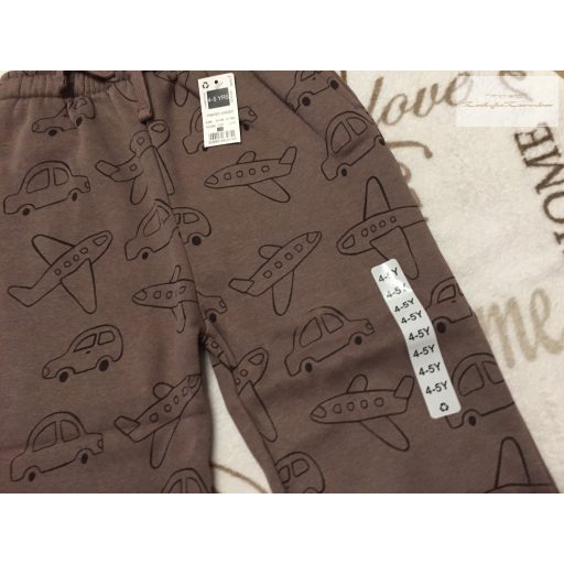 Dunnes 4-5 év 110 cm barna, jármű mintás vastag pamut fiú szabadidő nadrág  - új, címkés