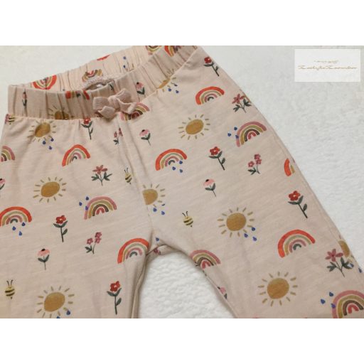 Name it 4-6 hó 68 cm bézs, virág és szivárvány mintás vékony pamut lány basa nadrág - újszerű,hibátlan