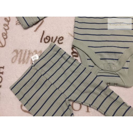 Fred§Flo 3-6 hó 68 cm  kék -zöld csíkos pamut fiú body és legging szett újszerű,hibátlan