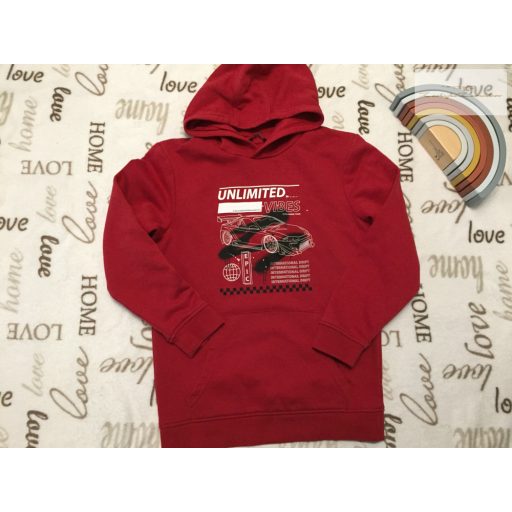 George 11-12 év 146-152 cm sötét piros, autó mintás, kapucnis puha pamut fiú felső - újszerű,hibátlan