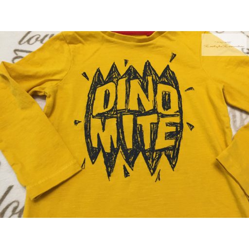 TU 3-4 év 98-104 cm sárga, Dino-Mite feliratos pamut fiú felső- újszerű,hibátlan