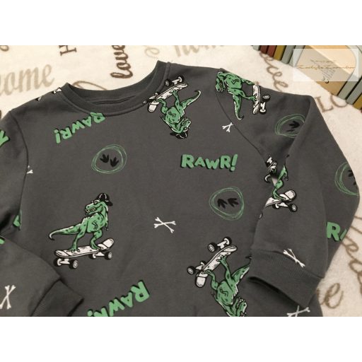 Primark 7-8 év 122-128 cm zöld, dinó mintás pamut fiú felső/ pulóver- újszerű,hibátlan