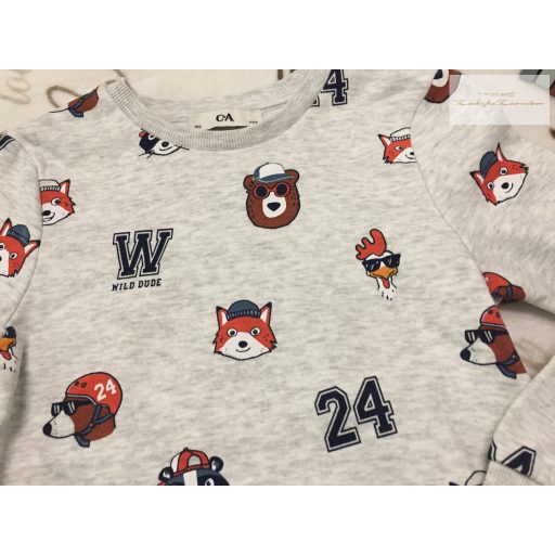 C§A 7 év 122 cm szürke, állat fej mintás pamut fiú felső / pulóver - újszerű,hibátlan