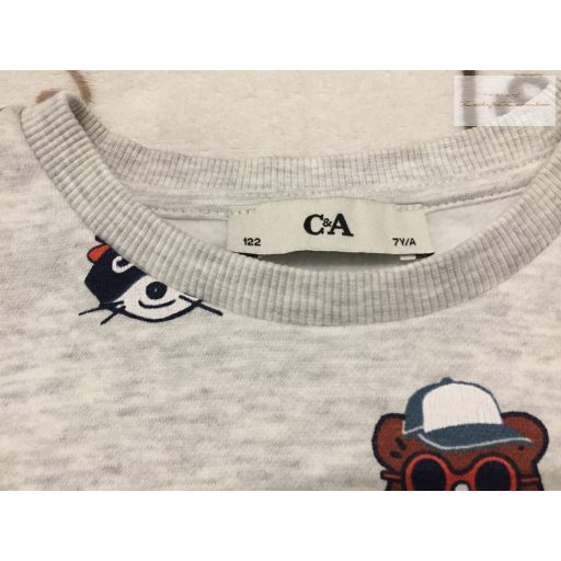 C§A 7 év 122 cm szürke, állat fej mintás pamut fiú felső / pulóver - újszerű,hibátlan