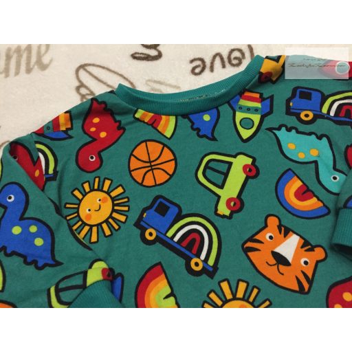 Dunnes 12-18 hó 86 cm zöld,  színes jármű- állat fej mintás pamut fiú felső/ pulóver-   újszerű,hibátlan