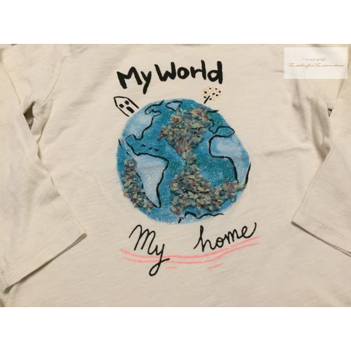 Zara 3-4 év 104 cm My World feliratos-Föld  mintás pamut lány felső- újszerű,hibátlan
