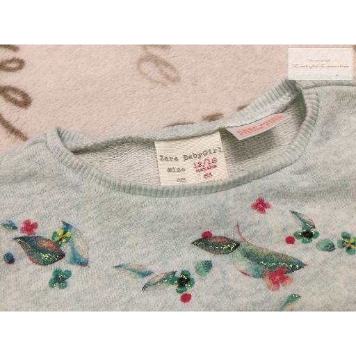 Zara 12-18 hó 86 cm halvány zöld, színes virágmintás pamut lány felső/ pulóver-újszerű,hibátlan