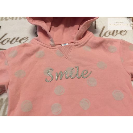 Topomini 9-12 hó 80 cm rózsaszín pöttyös, Smile feliratos puha pamut lány felső/ pulóver - újszerű,hibátlan