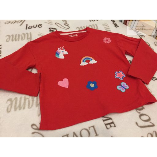 Nutmeg 6-7 év 116 - 122 cm piros, unikornis -szivárvány-virágmintás pamut lány felső- újszerű,hibátlan