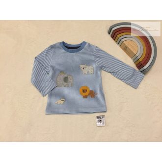   Nutmeg 6-9 hó 68-74 cm kék csíkos, oroszlán - elefánt-tigris mintás pamut fiú felső új, címkés