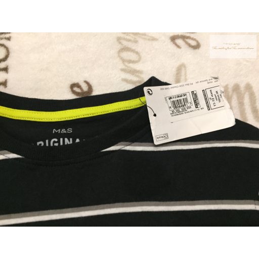 M§S 11-12 év 152 cm fekete-szürke-fehér csíkos pamut fiú felső új, címkés