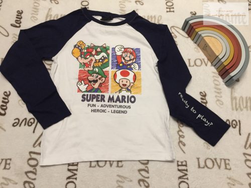 Super Mario 9-10 év 134-140 cm fehér- kék, Super Mario mintás pamut fiú  felső- újszerű,hibátlan