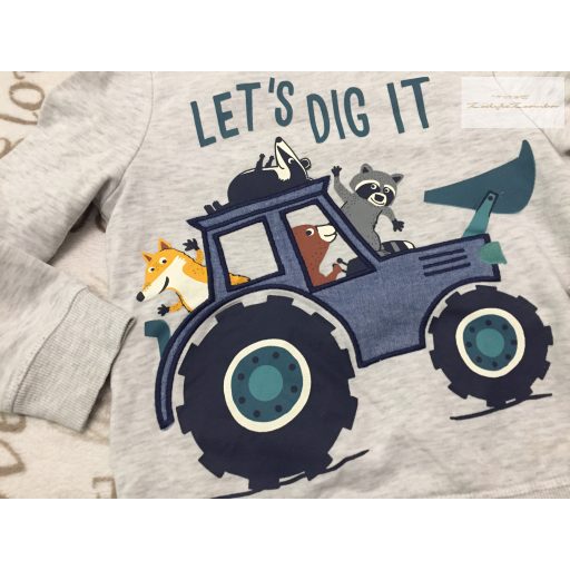 C§A 7 év 122 cm  szürke, színes traktor- róka-maci mintás puha  pamut fiú felső / pulóver - újszerű,hibátlan