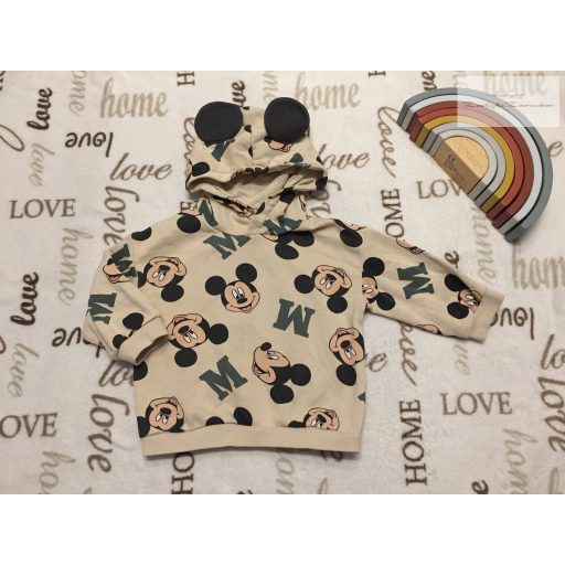 H§M 12 - 18 hó 86 cm bézs, Mickey mintás pamut fiú kapucnis felső/ pulóver- újszerű,hibátlan