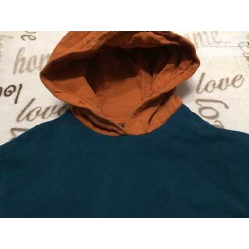 John Lewis 4 év 104 cm zöldeskék -barna kapucnis puha pamut fiú felső/ pulóver- újszerű,hibátlan