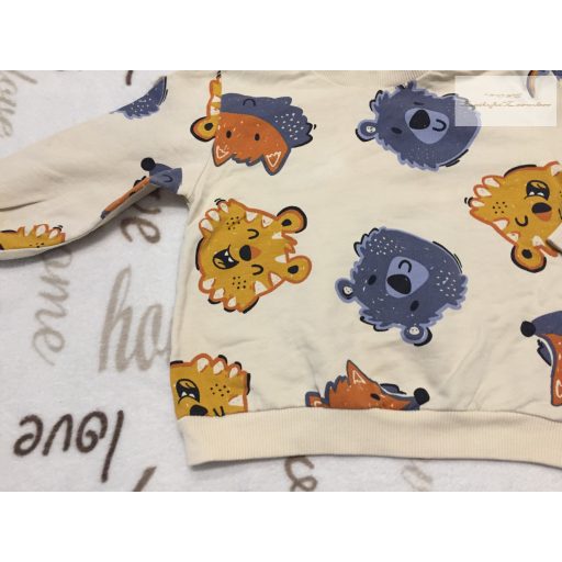 LCW baby 12-18 hó 80-86 cm bézs, színes állat fej mintás vékony pamut fiú felső/ pulóver- újszerű,hibátlan