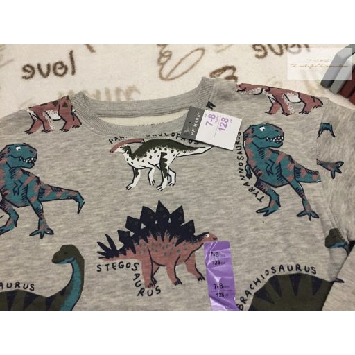 Primark 7-8 év 122-128 cm szürke, színes dinó mintás pamut fiú felső/ pulóver- új, címkés