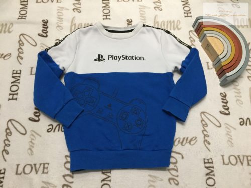 Playstation 6-7 év 116-122 cm kék - fehér kontroller mintás puha pamut fiú felső/ pulóver- újszerű,hibátlan