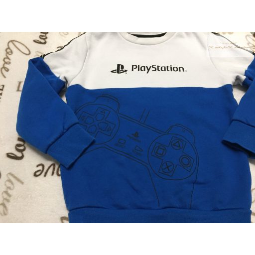 Playstation 6-7 év 116-122 cm kék - fehér kontroller mintás puha pamut fiú felső/ pulóver- újszerű,hibátlan