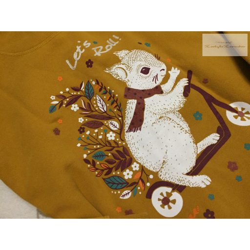 Fatface 12-13 év 152-158 cm mustársárga, hátán mókus-virágmintás vastag pamut lány kapucnis felső/ pulóver