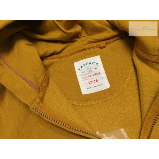 Fatface 12-13 év 152-158 cm mustársárga, hátán mókus-virágmintás vastag pamut lány kapucnis felső/ pulóver