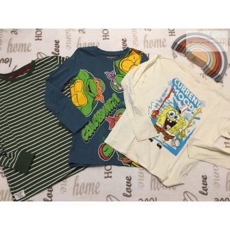   Sinsay 10 év és Little Kids 9 év 134 -140 cm zöld csíkos -Tini Ninja-SpongeBob mintás pamut fiú felső szett 3 db - újszerű,hibátlan