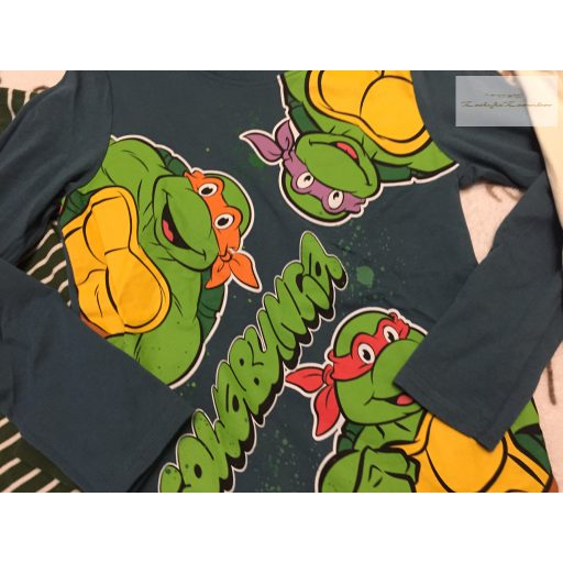 Sinsay 10 év és Little Kids 9 év 134 -140 cm zöld csíkos -Tini Ninja-SpongeBob mintás pamut fiú felső szett 3 db - újszerű,hibátlan