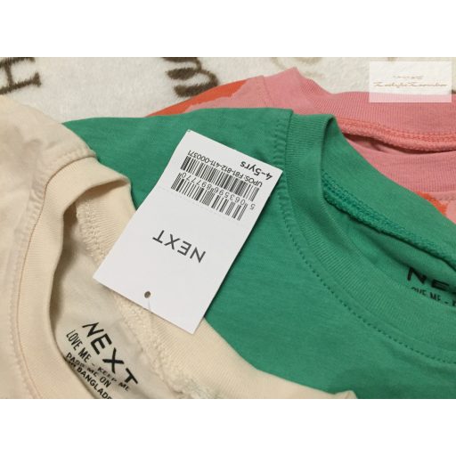 Next 4-5 év 110  cm bézs-zöld-rózsaszín, virág -gyümölcs mintás  pamut lány felső szett  3 db - új, címkés