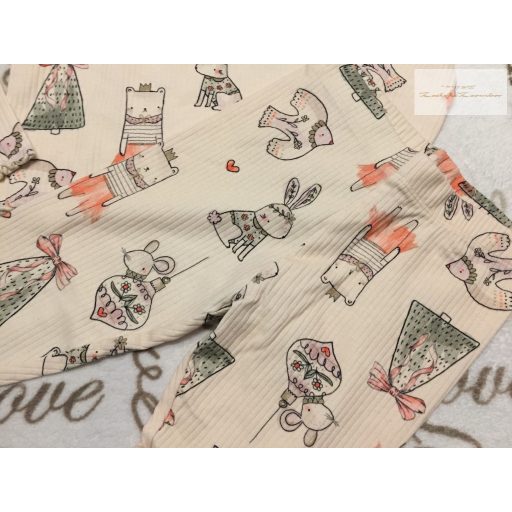 Next 4-5 év 110 cm  bézs, nyuszi-madár mintás pamut lány felső és legging szett- új, címkés