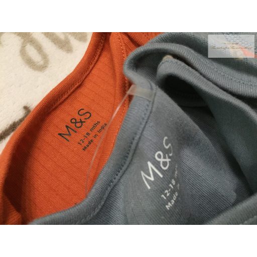 M§S 12-18 hó 83 cm  szürkéskék -narancssárga, makk mintás pamut fiú body szett 2 db - új, szettet bontottam