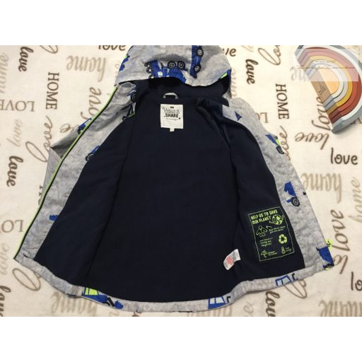 F§F 6-7  év 116-122 cm szürke, kék - sárga munkagép mintás polár béléses fiú átmeneti kabát- újszerű, hibátlan