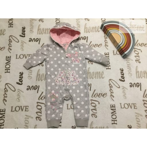 F§F 3-6 hó  68 cm 8 kg szürke, fehér pöttyös, virág és madár mintás pamut lány rugdalózó/ kezeslábas -újszerű,hibátlan