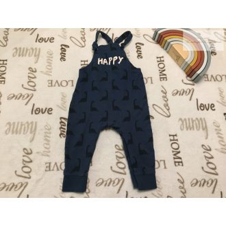   Mothercare 9-12 hó 80 cm  kék, Happy feliratos dinó mintás pamut fiú kantáros nadrág-újszerű,hibátlan