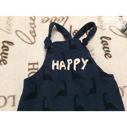 Mothercare 9-12 hó 80 cm  kék, Happy feliratos dinó mintás pamut fiú kantáros nadrág-újszerű,hibátlan