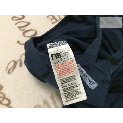 Mothercare 9-12 hó 80 cm  kék, Happy feliratos dinó mintás pamut fiú kantáros nadrág-újszerű,hibátlan