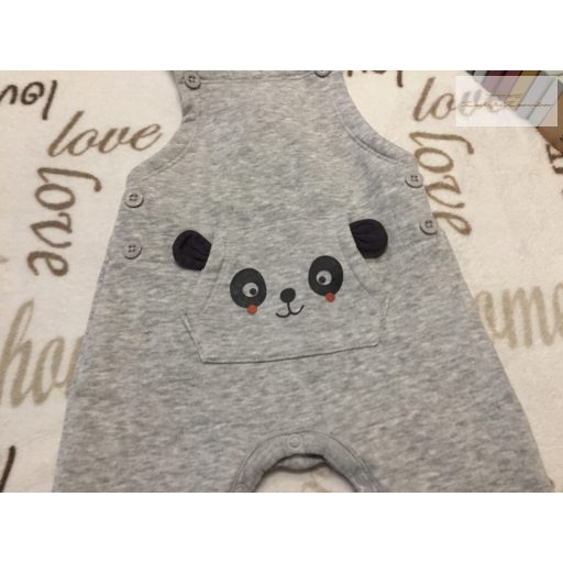 Matalan 9 -12 hó 74 -80 cm szürke, panda fej mintás puha pamut fiú kantáros nadrág újszerű,hibátlan