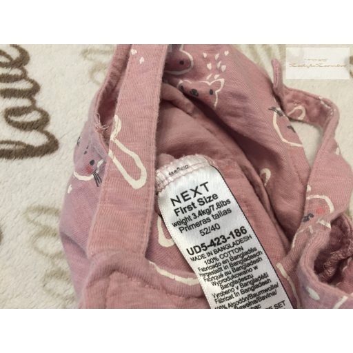 Next újszülött 3,4 kg 50-56 cm rózsaszín, nyuszi -maci fej mintás vékony  pamut lány kantáros nadrág - újszerű,hibátlan