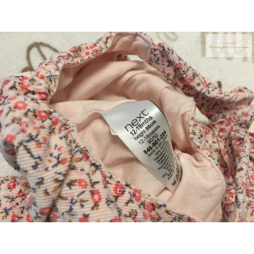 Next 12 - 18 hó 86 cm rózsaszín, virágmintás, pamut béléses puha mikrokord lány  kantáros nadrág/ playsuit -újszerű,hibátlan