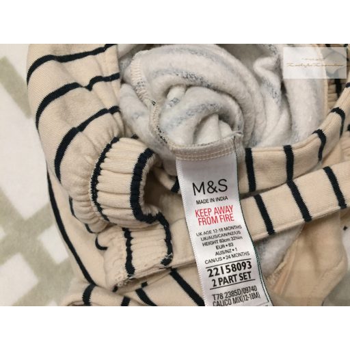 M§S 12-18 hó 83 cm bézs, kék csíkos puha pamut fiú kantáros nadrág újszerű, hibátlan