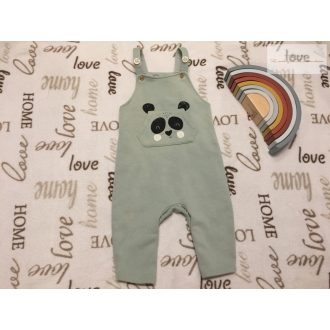   Matalan 9 -12 hó 74 -80 cm halvány zöld panda fej mintás pamut fiú kantáros nadrág - újszerű,hibátlan
