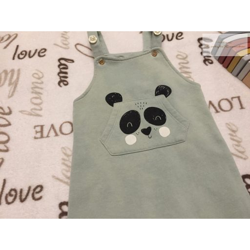 Matalan 9 -12 hó 74 -80 cm halvány zöld panda fej mintás pamut fiú kantáros nadrág - újszerű,hibátlan