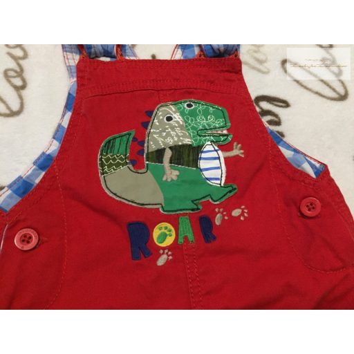 M§S 18-24 hó 86-92 cm piros, dinó mintás pamutos farmer fiú kantáros nadrág- újszerű, hibátlan