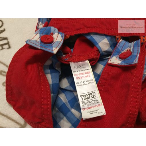 M§S 18-24 hó 86-92 cm piros, dinó mintás pamutos farmer fiú kantáros nadrág- újszerű, hibátlan